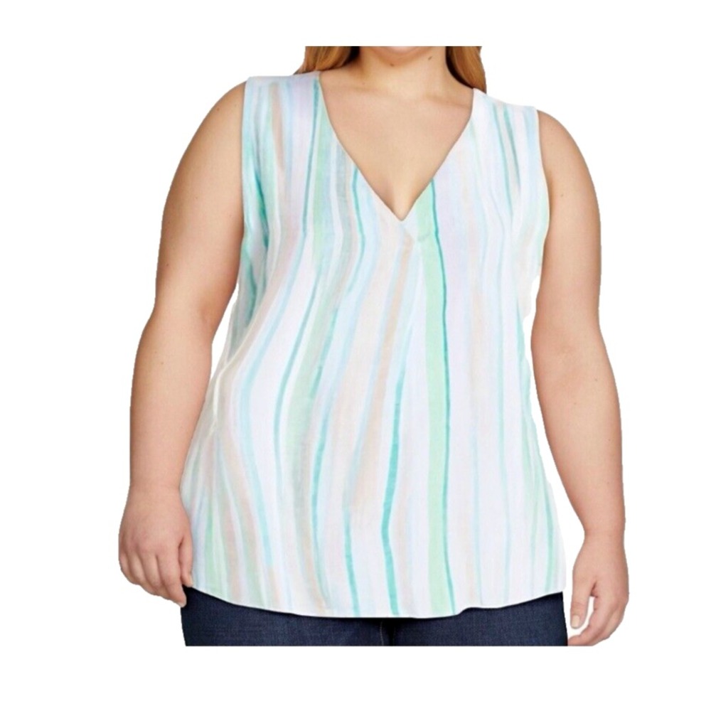 Time and Tru Tank Top Womens XXXL 22 Multi-Color Striped V-Neck Linen‎ Blend New